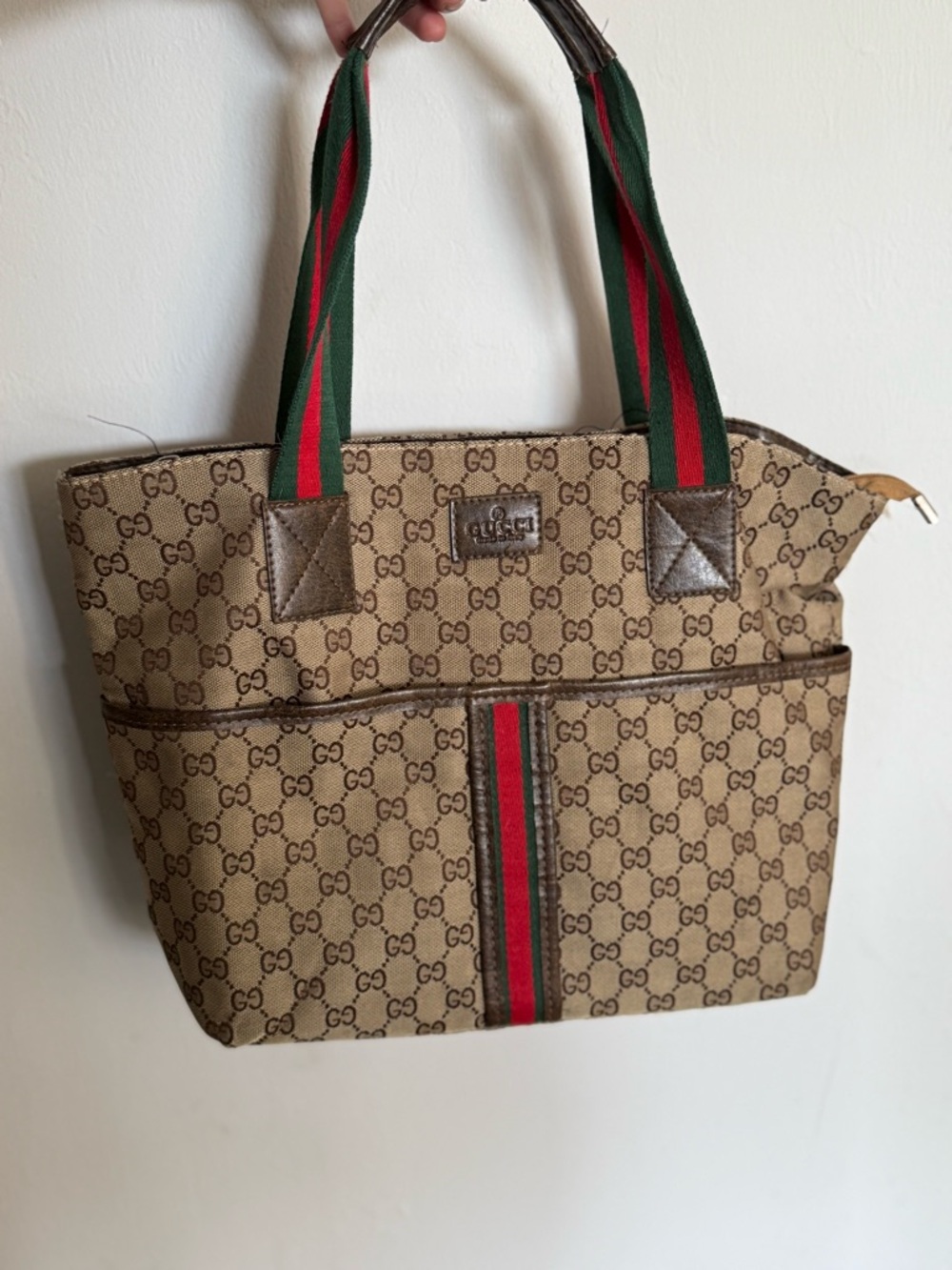 Beige Canvas Hobo with Green and Red Stripe